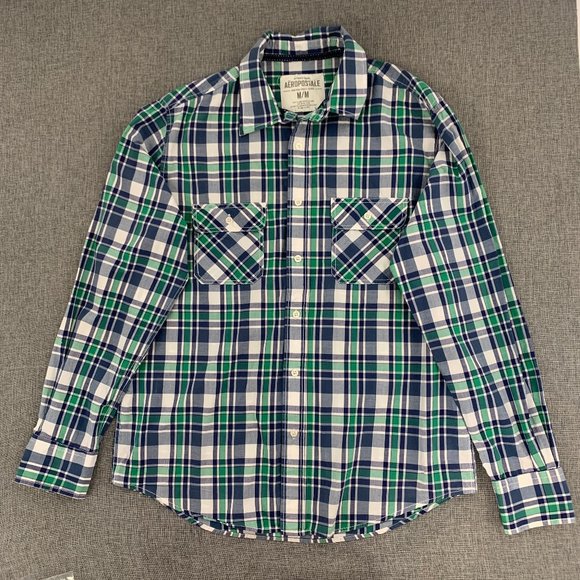Men's Plaid Aeropostale Button Down Shirt Medium Long Sleeve 100% Cotton Green B - Picture 1 of 15